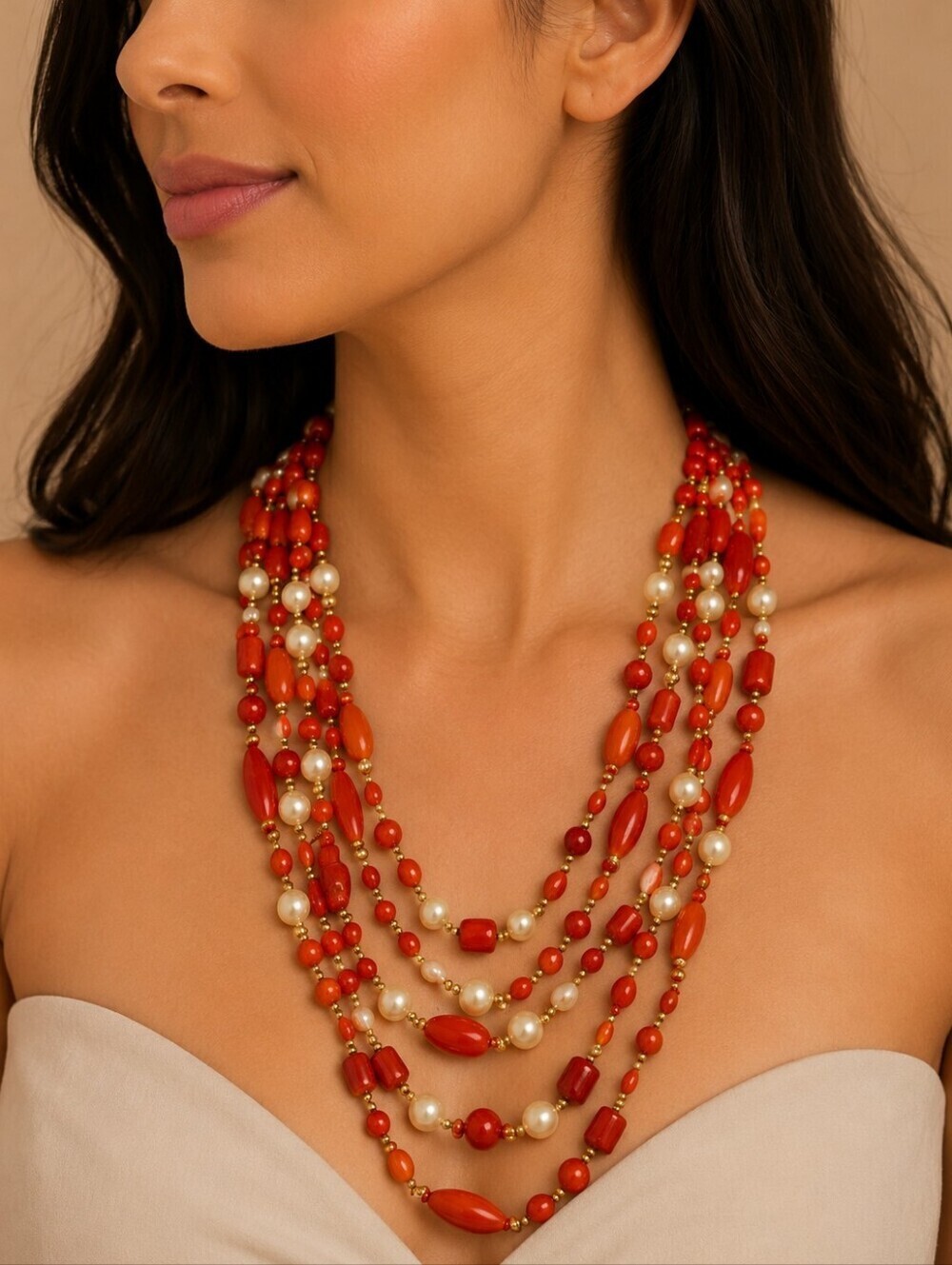 Vintage Opaque Tomato Red Glass Layered Valentine's Necklace